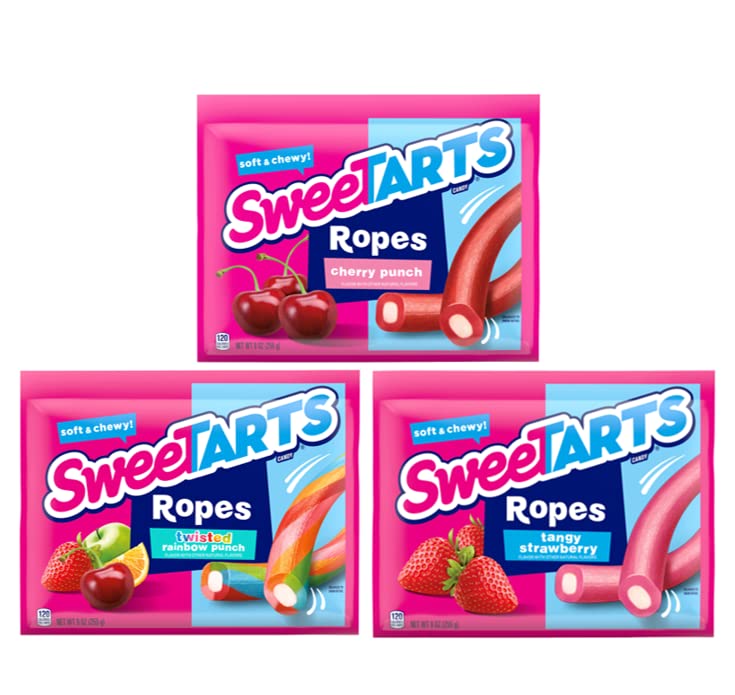Bundle of SweeTARTS Ropes Candy, Cherry Punch, Twisted Rainbow Punch, &amp;amp; Tangy Strawberry, 9 Ounce (Pack of 3)