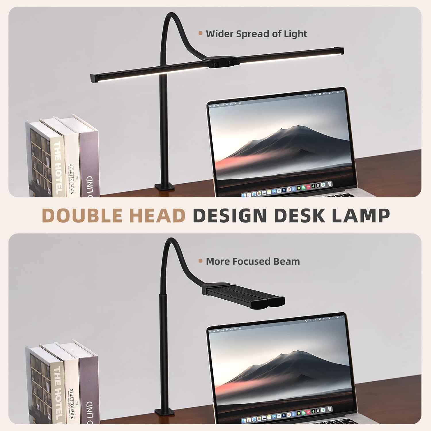 Minimalist LED Desk Lamp Black – Dual Head Clip-On Monitor Light with Clean Lines for Clutter Free Workstations
