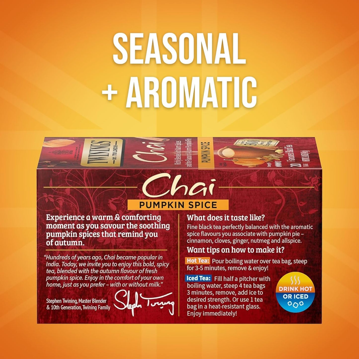 caffeinated black tea base blended with natural spices — cinnamon, clove, ginger, nutmeg, allspice, pumpkin