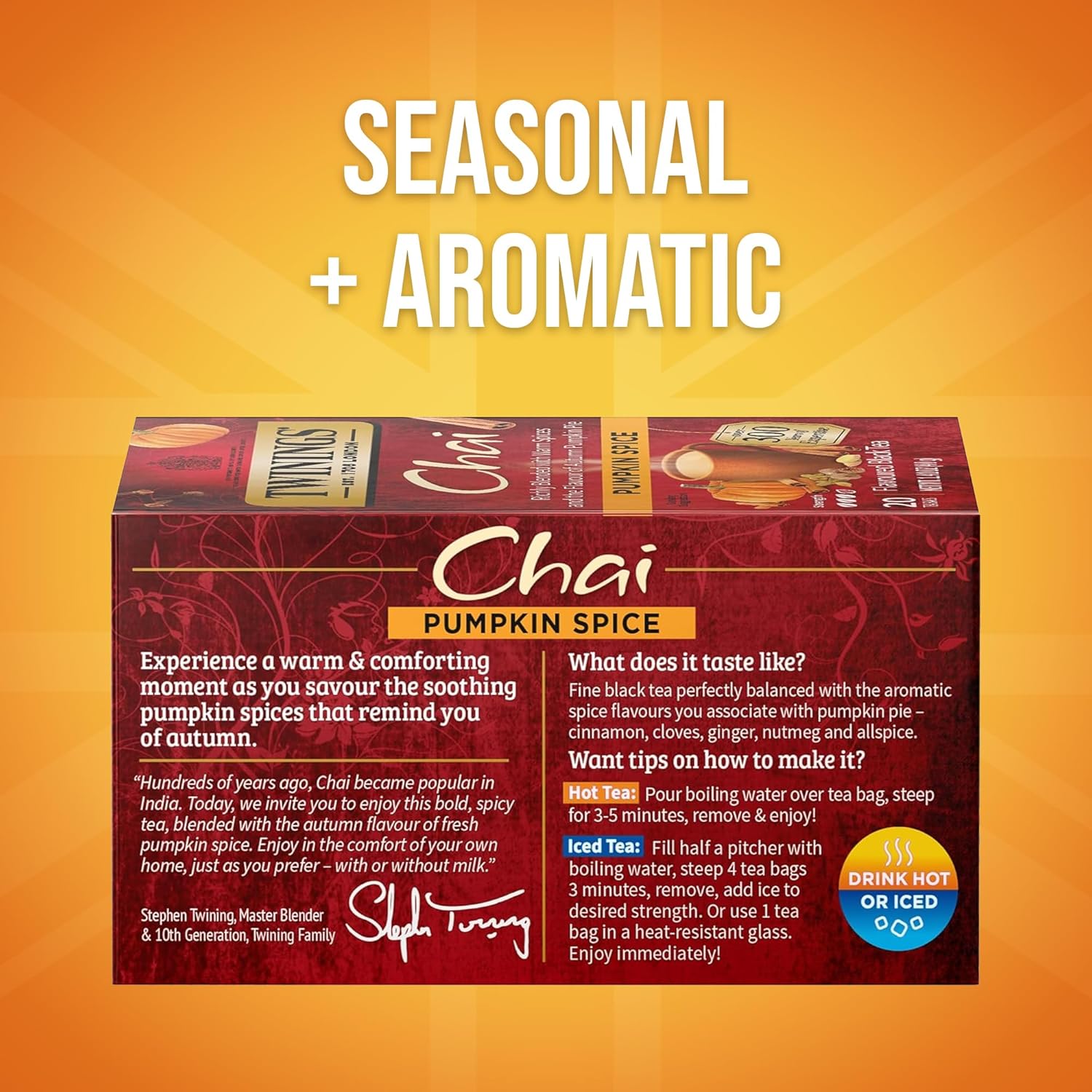 caffeinated black tea base blended with natural spices — cinnamon, clove, ginger, nutmeg, allspice, pumpkin
