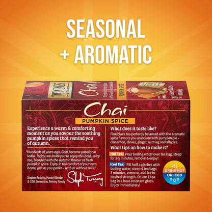 caffeinated black tea base blended with natural spices — cinnamon, clove, ginger, nutmeg, allspice, pumpkin