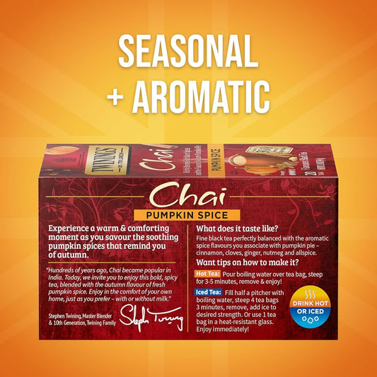 caffeinated black tea base blended with natural spices — cinnamon, clove, ginger, nutmeg, allspice, pumpkin