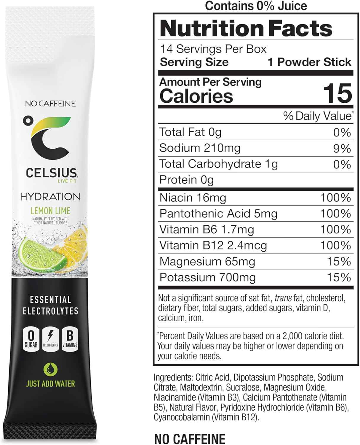CELSIUS Hydration Sugar Free Electrolyte Powder – Lemon Lime Self Care Beverage Sticks for Post-Workout Recovery and Mindful Routines
