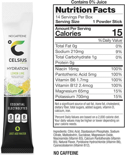CELSIUS Hydration Sugar Free Electrolyte Powder – Lemon Lime Self Care Beverage Sticks for Post-Workout Recovery and Mindful Routines