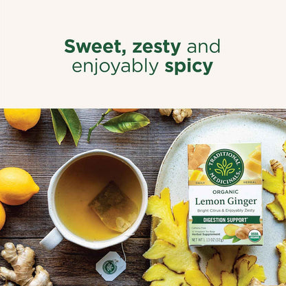 Traditional Medicinals Organic Lemon Ginger Tea – Caffeine-Free Bedtime Herbal Brew for Bloating Relief and Mindful Evenings
