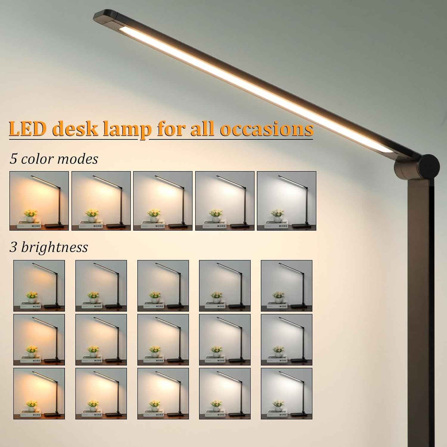 LumeRay LED Desk Lamp for Bedroom – 6 Color Finish Foldable Bedside Lamp with Warm Night Light and USB Charging for Nightstand Styling