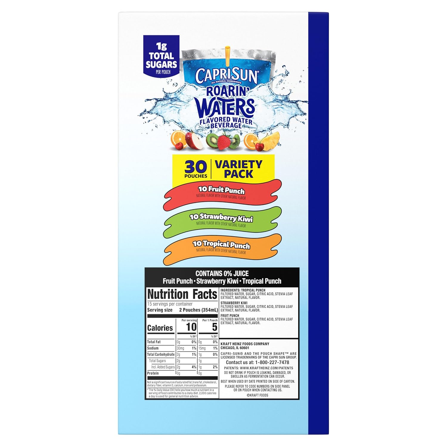 Capri Sun Roarin' Waters Flavored Water – Only 1g of Sugar per Pouch for a Smarter Swap to Juice and Soda, 30 ct