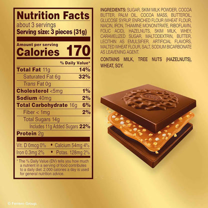Ferrero Rocher Premium Caramel Hazelnut Chocolate Squares – Calm Wind-Down Snack for Quiet Nights and Cozy Reading Time, 3.7 oz
