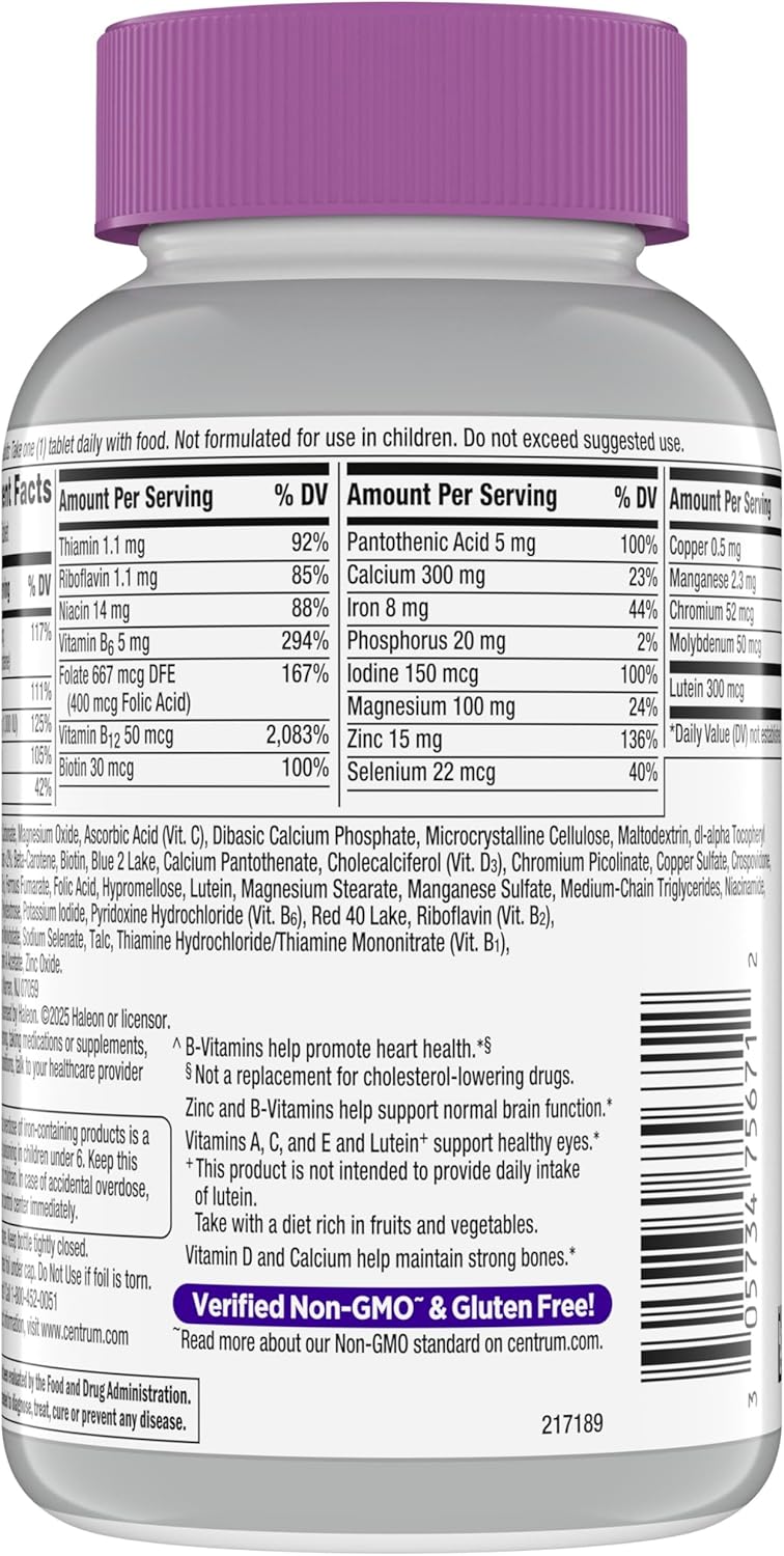 Centrum Silver Women's 50 Plus Multivitamin – Everyday Vitality Supplement for Bathroom Counter Wellness, Non-GMO and Gluten-Free - 200 Ct
