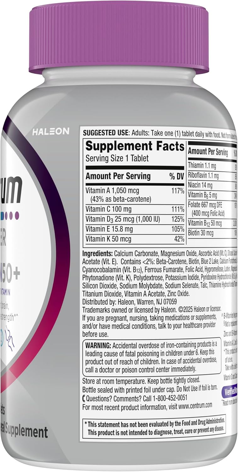 Centrum Silver Women's 50 Plus Multivitamin – Everyday Vitality Supplement for Bathroom Counter Wellness, Non-GMO and Gluten-Free - 200 Ct