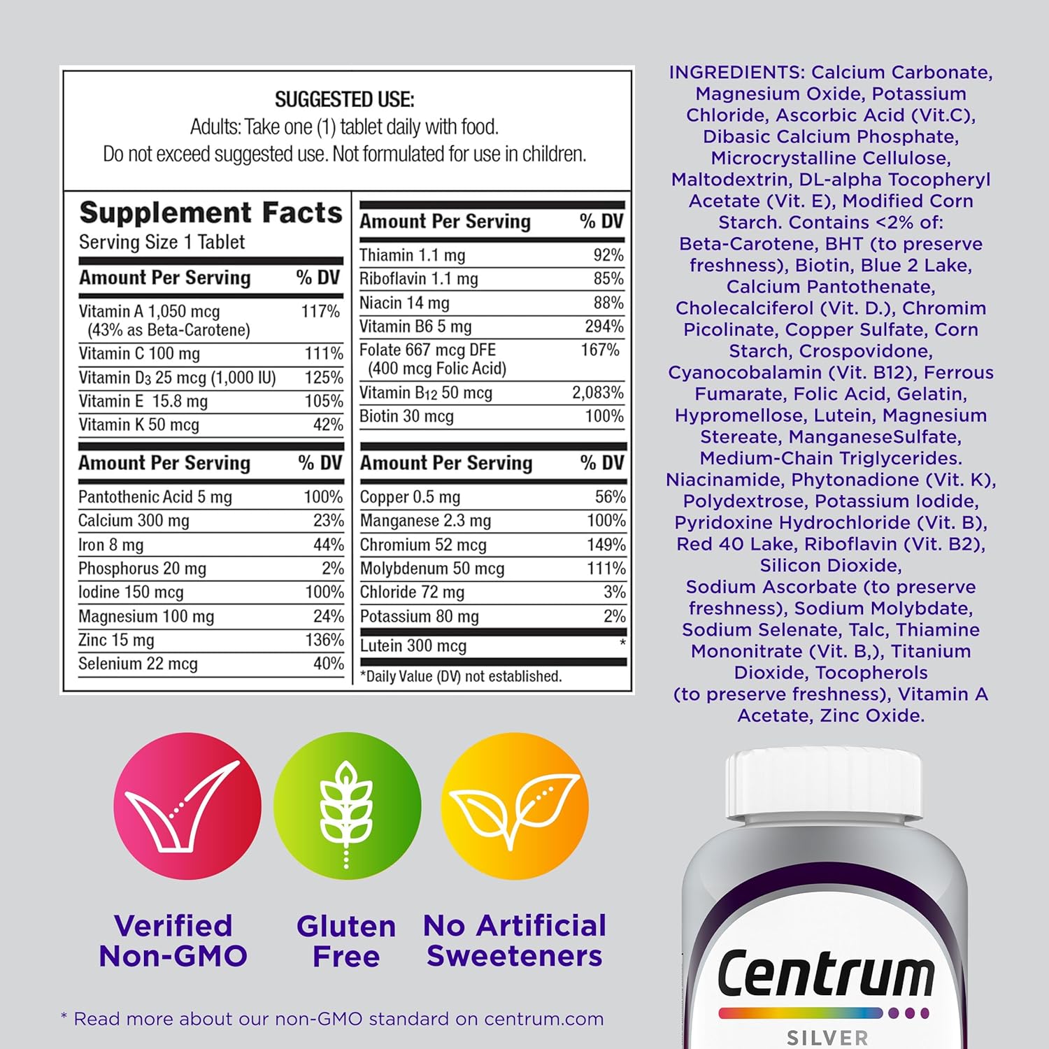 Centrum Silver Women's 50 Plus Multivitamin – Everyday Vitality Supplement for Bathroom Counter Wellness, Non-GMO and Gluten-Free - 200 Ct