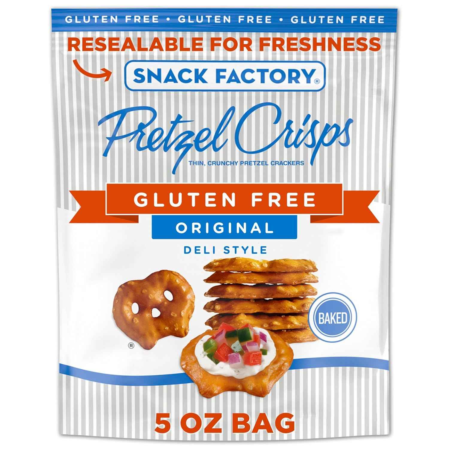 Snack Factory Pretzel Crisps Gluten Free – Lunchbox-Safe Crunch for Kids' School Snacks, Original Baked 5 oz Bag