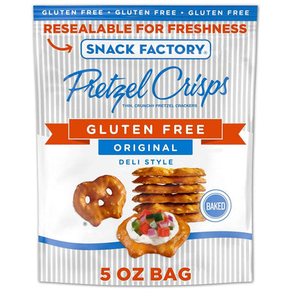 Snack Factory Pretzel Crisps Gluten Free – Lunchbox-Safe Crunch for Kids' School Snacks, Original Baked 5 oz Bag