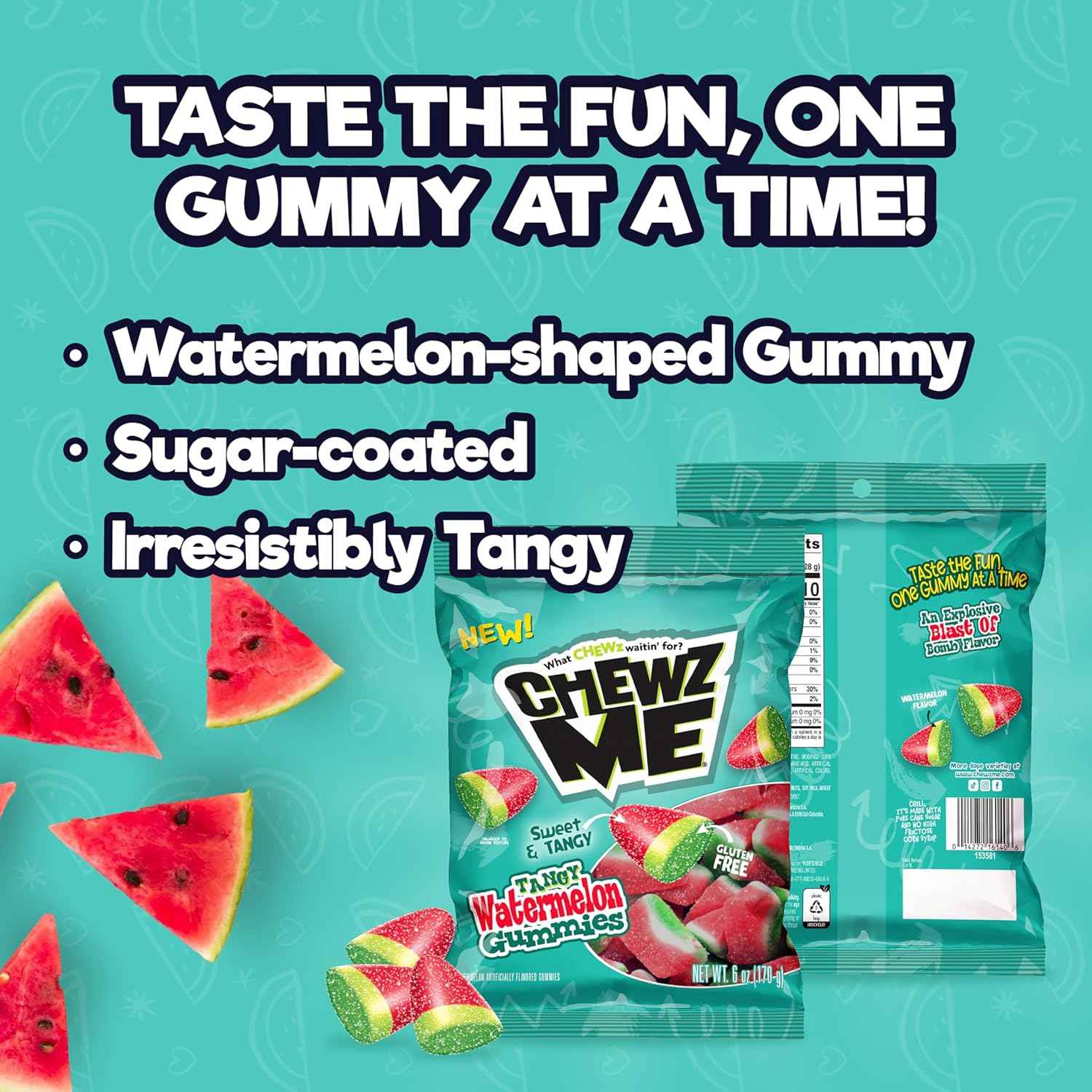ChewzMe Sour Watermelon Gummy Candy for Kids Lunchbox, Nut-Free and Gluten-Free Sweet Treat, 6 oz Grab-and-Go Bag