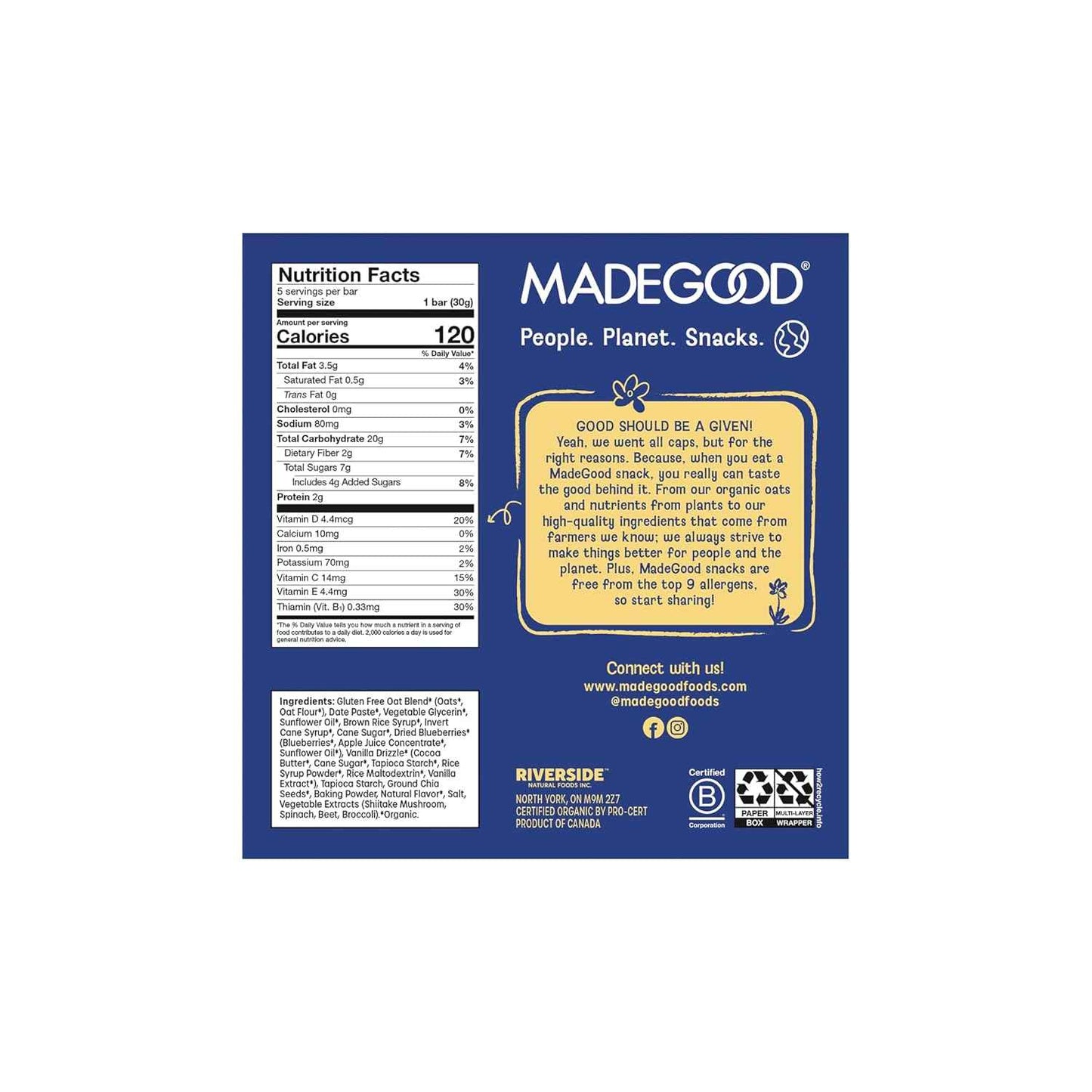 MadeGood Morning Blueberry Bars – Allergy-Safe Lunchbox Snack for School, Top 8 Allergen Free