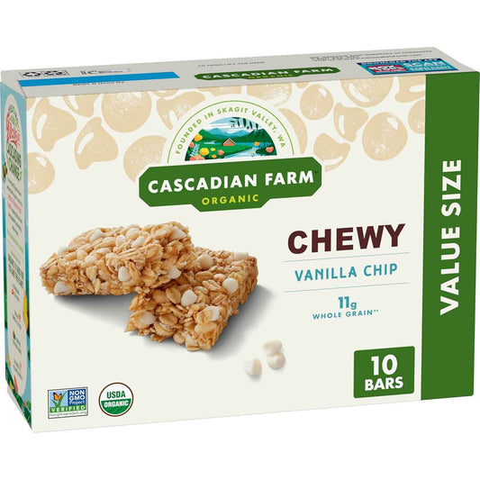 Cascadian Farm Organic Vanilla Chip Chewy Granola Bars – Safe After-School Snack for Children with Allergies, 10ct Box