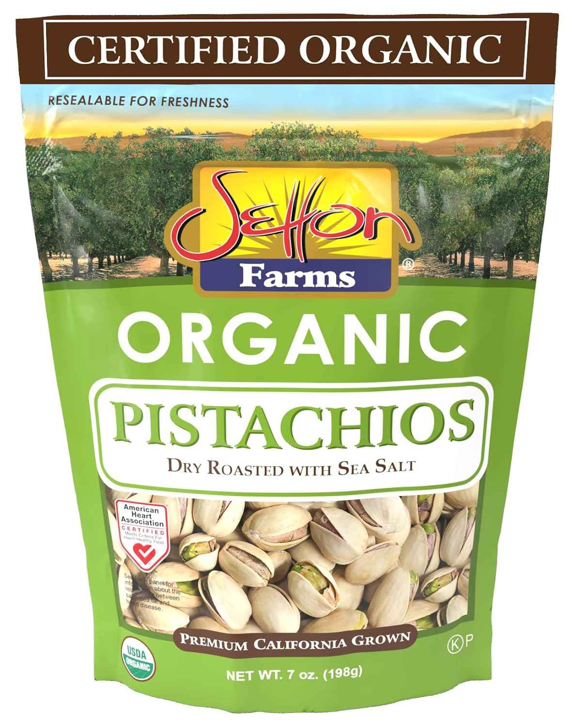 Setton Farms Premium Organic Pistachios - Elegant Hostess Gift for Holiday Table and Gourmet Gift Basket, Dry Roasted 7 Oz Resealable Bag