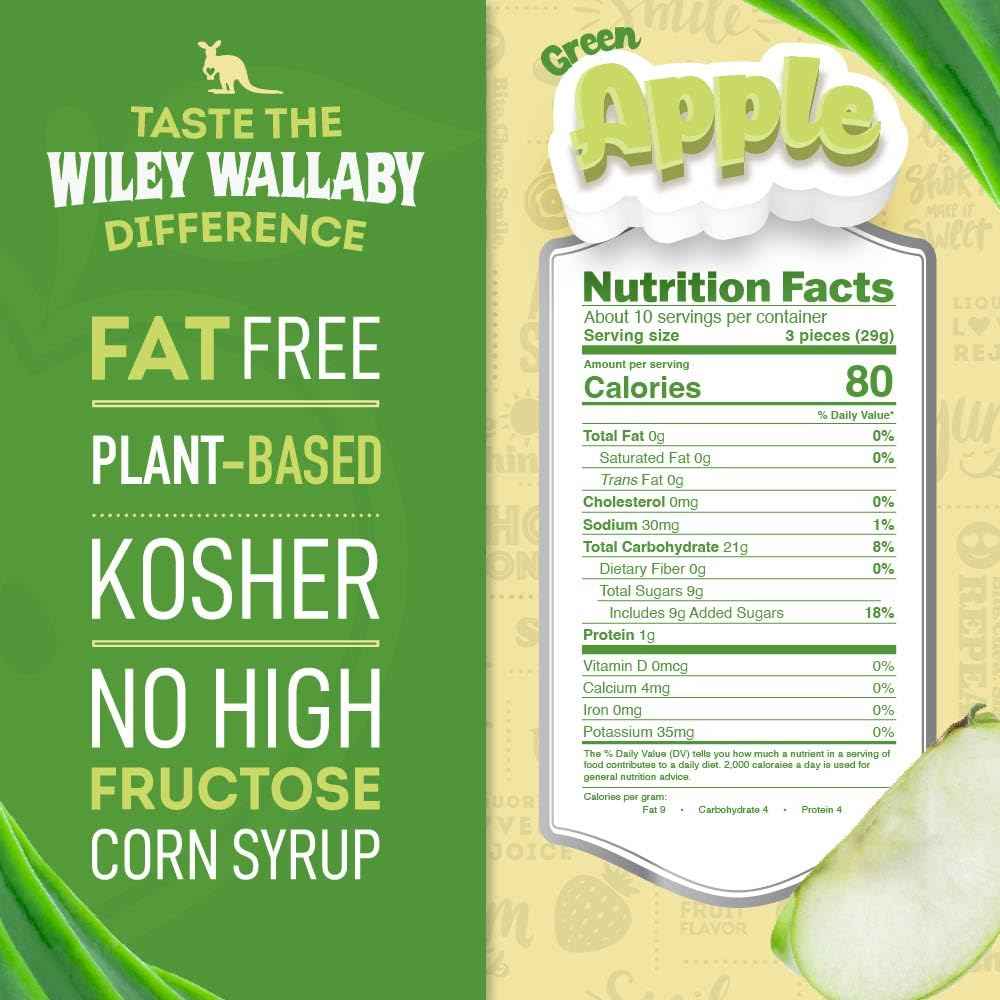 Wiley Wallaby Green Apple Licorice – Resealable 10 oz Pouch for Road Trips, Car Snacks & Picnics