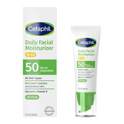 Cetaphil Daily Facial Moisturizer SPF 50 – Calming Morning Skincare Ritual for Sensitive Skin, Fragrance-Free Hydration