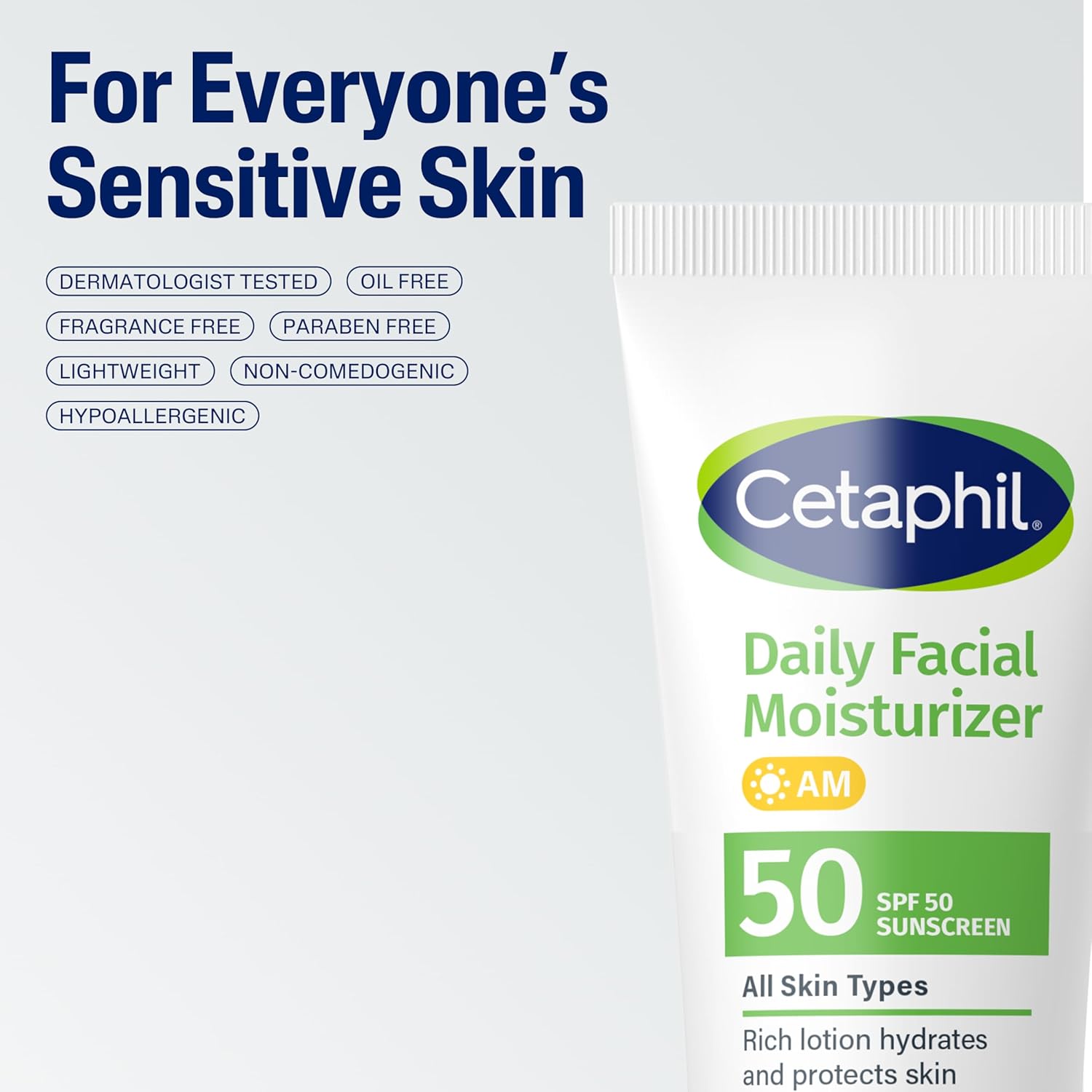 Cetaphil Daily Facial Moisturizer SPF 50 – Calming Morning Skincare Ritual for Sensitive Skin, Fragrance-Free Hydration