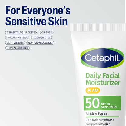 Cetaphil Daily Facial Moisturizer SPF 50 – Calming Morning Skincare Ritual for Sensitive Skin, Fragrance-Free Hydration