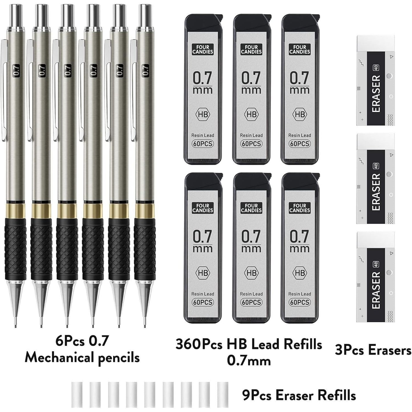 Four_Candies_Metal_Mechanical_Pencil_Set_-__Art_Mechanical_Pencils_&_360PCS_HB_Lead_Refills_&_3PCS_Erasers_&_9PCS_Eraser_Refills,_Drawing_Mechanical_Pencils_for_Writing,_Sketching/With_Case