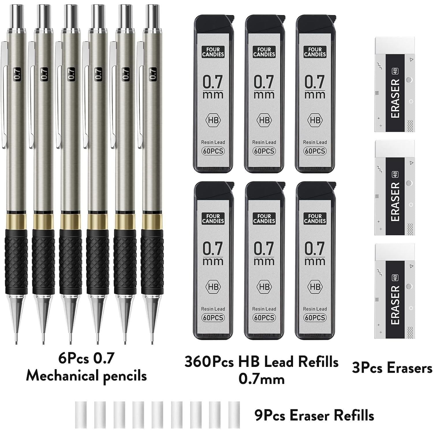 Four_Candies_Metal_Mechanical_Pencil_Set_-__Art_Mechanical_Pencils_&_360PCS_HB_Lead_Refills_&_3PCS_Erasers_&_9PCS_Eraser_Refills,_Drawing_Mechanical_Pencils_for_Writing,_Sketching/With_Case