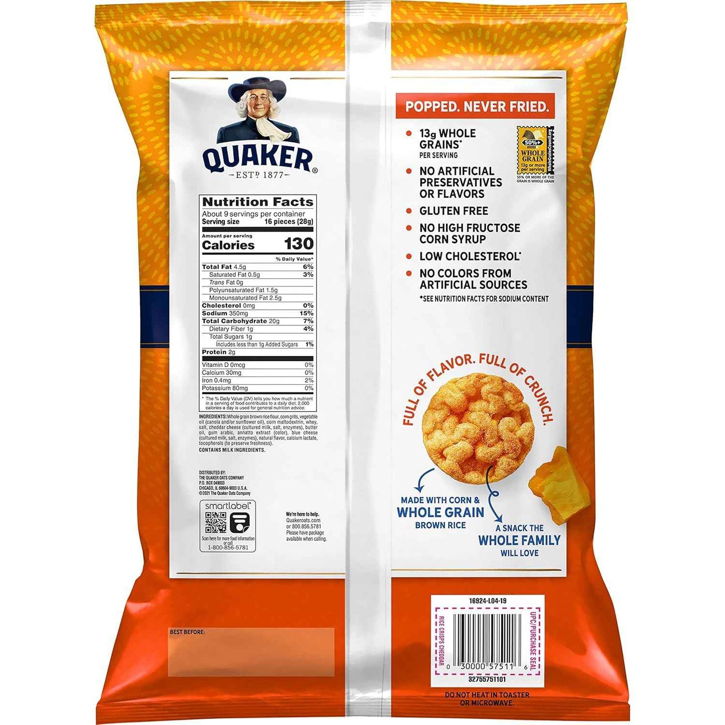 Quaker Rice Crisps Cheddar – Kid-Approved Lunchbox Snack for School Days, 8.5 oz