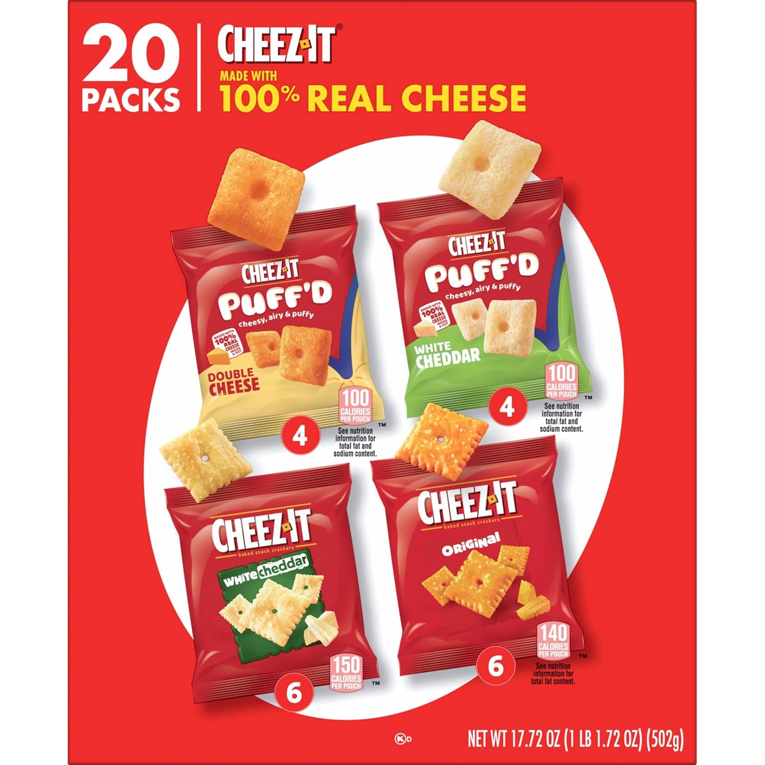 Cheez-It Cheese Crackers, Baked Snack Crackers, Shareable Workplace Snack for Conference Rooms, 17.72oz Box (20 Pouches)