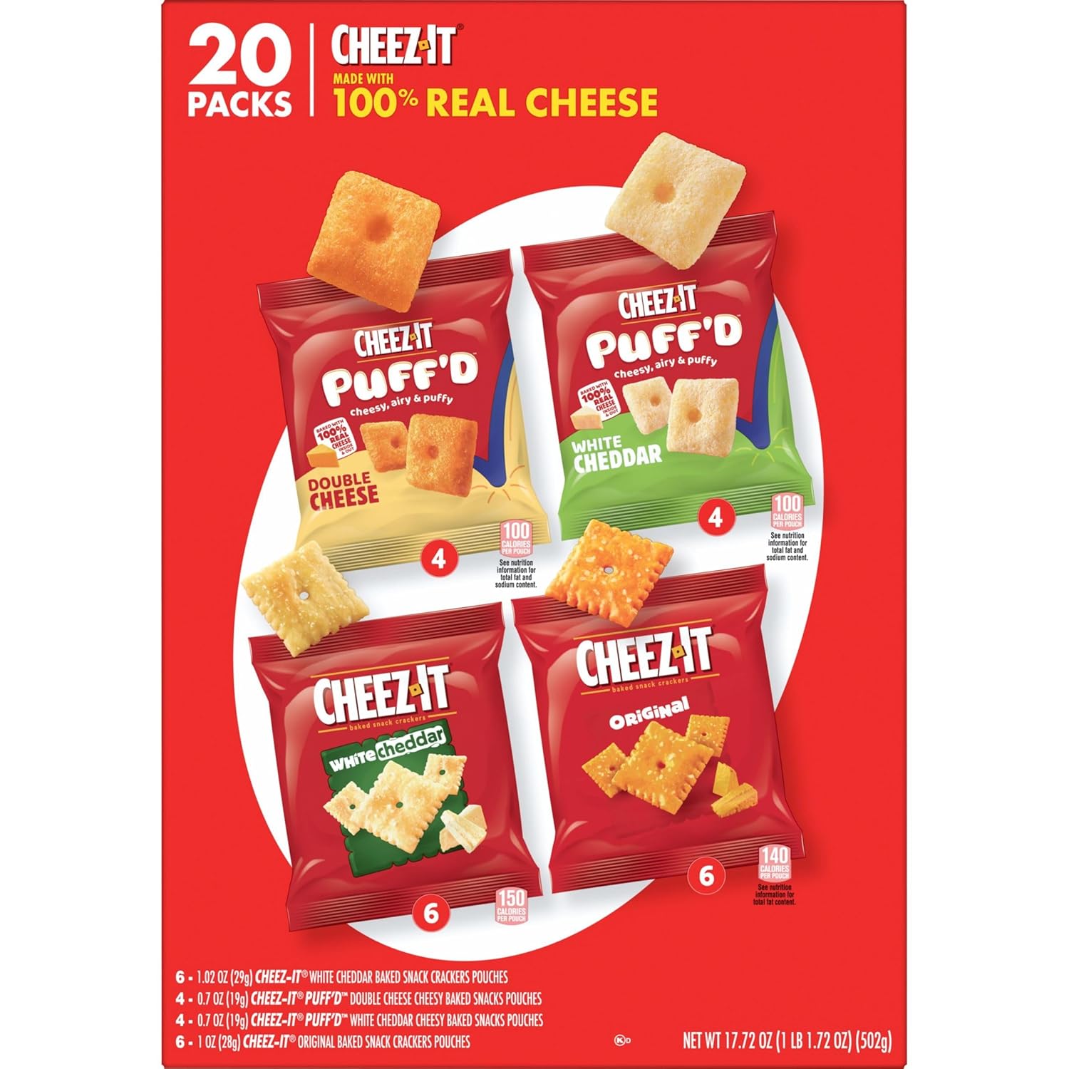 Cheez-It Cheese Crackers, Baked Snack Crackers, Shareable Workplace Snack for Conference Rooms, 17.72oz Box (20 Pouches)