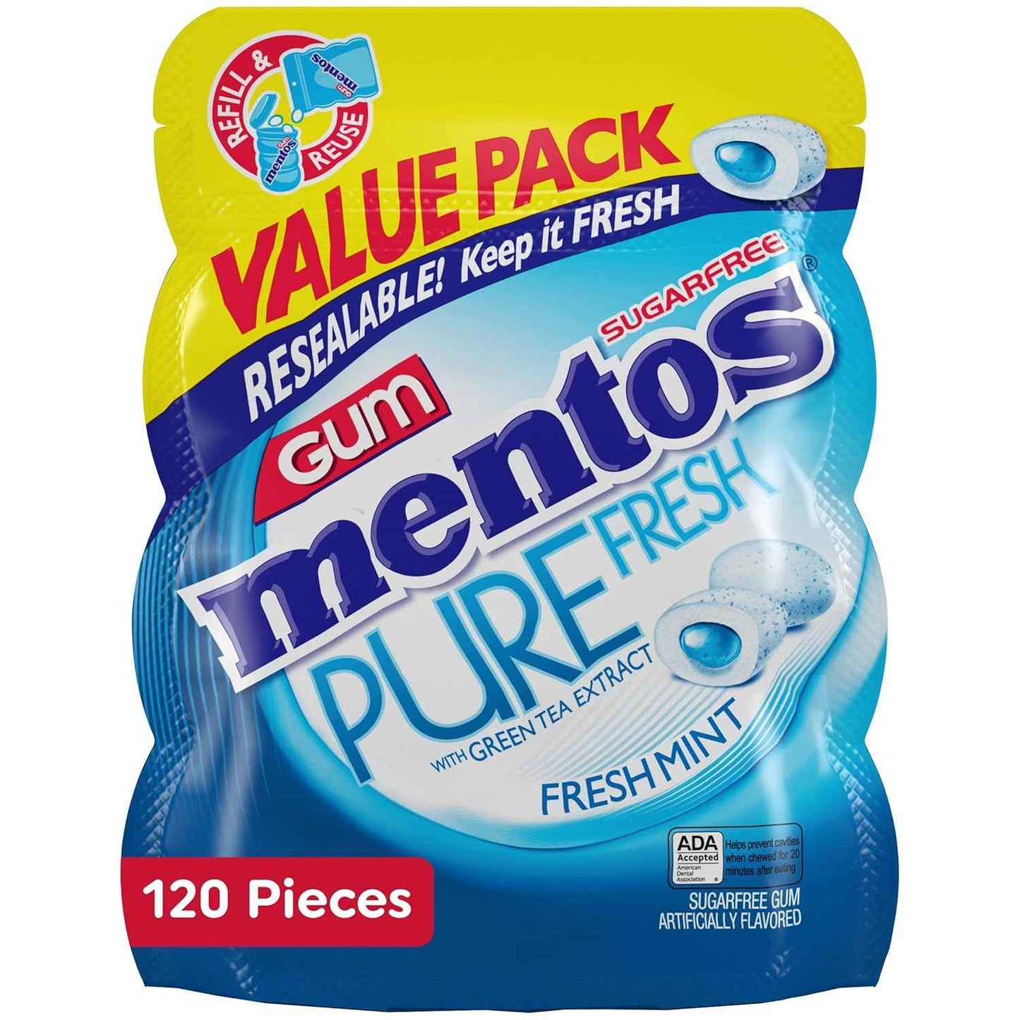 Mentos Pure Fresh Sugar-Free Chewing Gum with Xylitol, Fresh Mint, 120 Piece Bulk Resealable Bag for Desk-Side Focus and Freshness