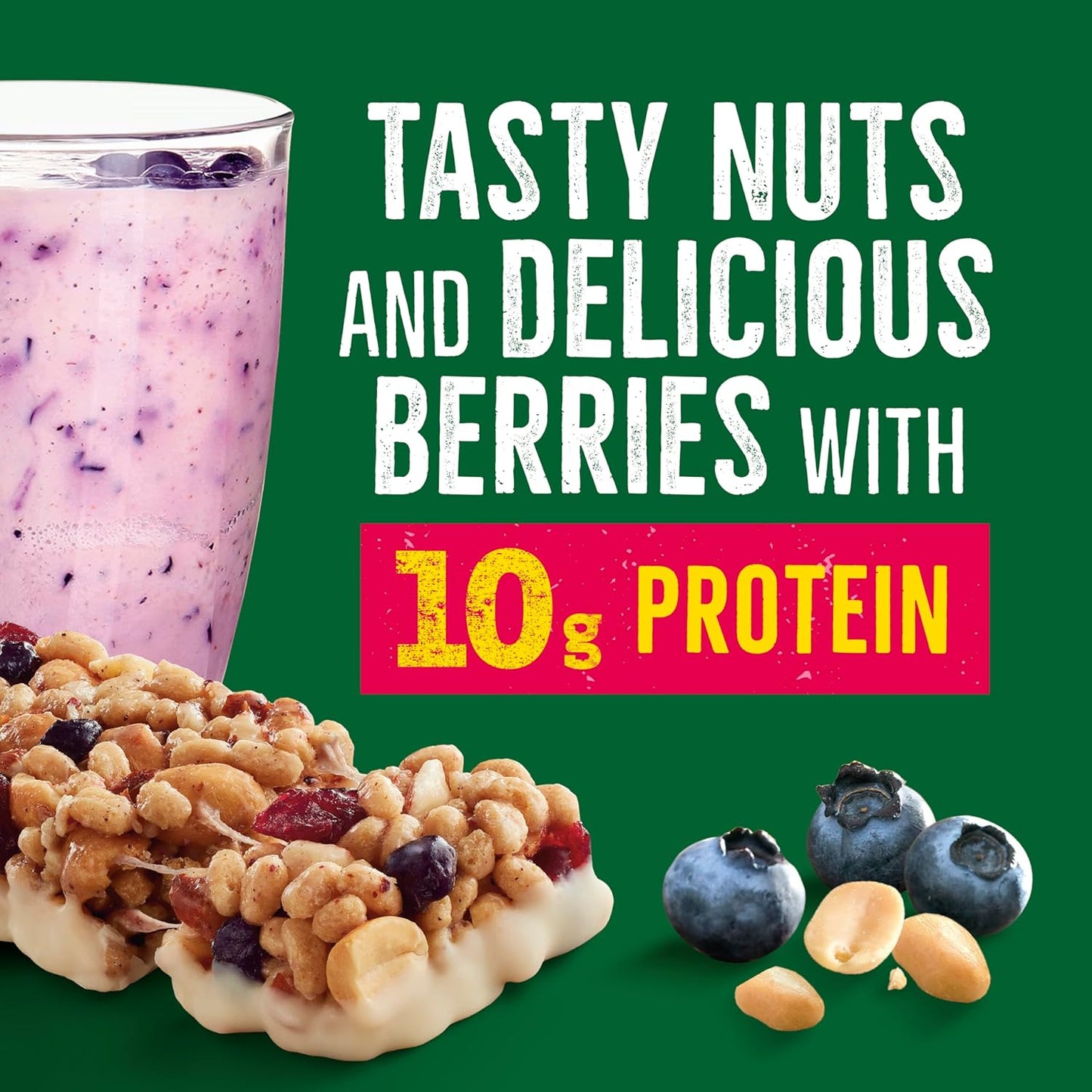 chewy bar texture with real fruit pieces (blueberries, cranberries) and roasted nuts (peanuts, almonds)