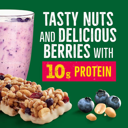 chewy bar texture with real fruit pieces (blueberries, cranberries) and roasted nuts (peanuts, almonds)