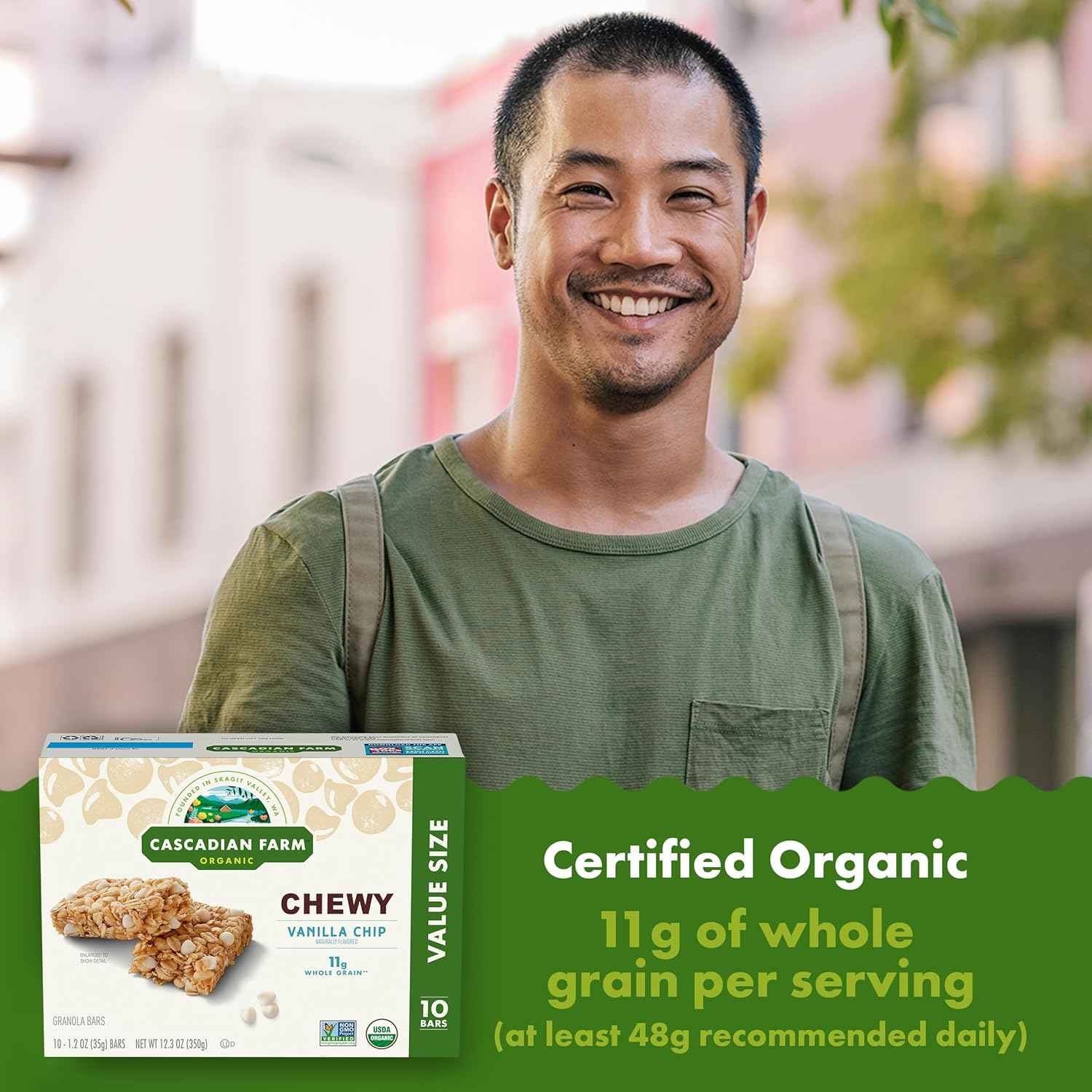 Cascadian Farm Organic Vanilla Chip Chewy Granola Bars – Safe After-School Snack for Children with Allergies, 10ct Box