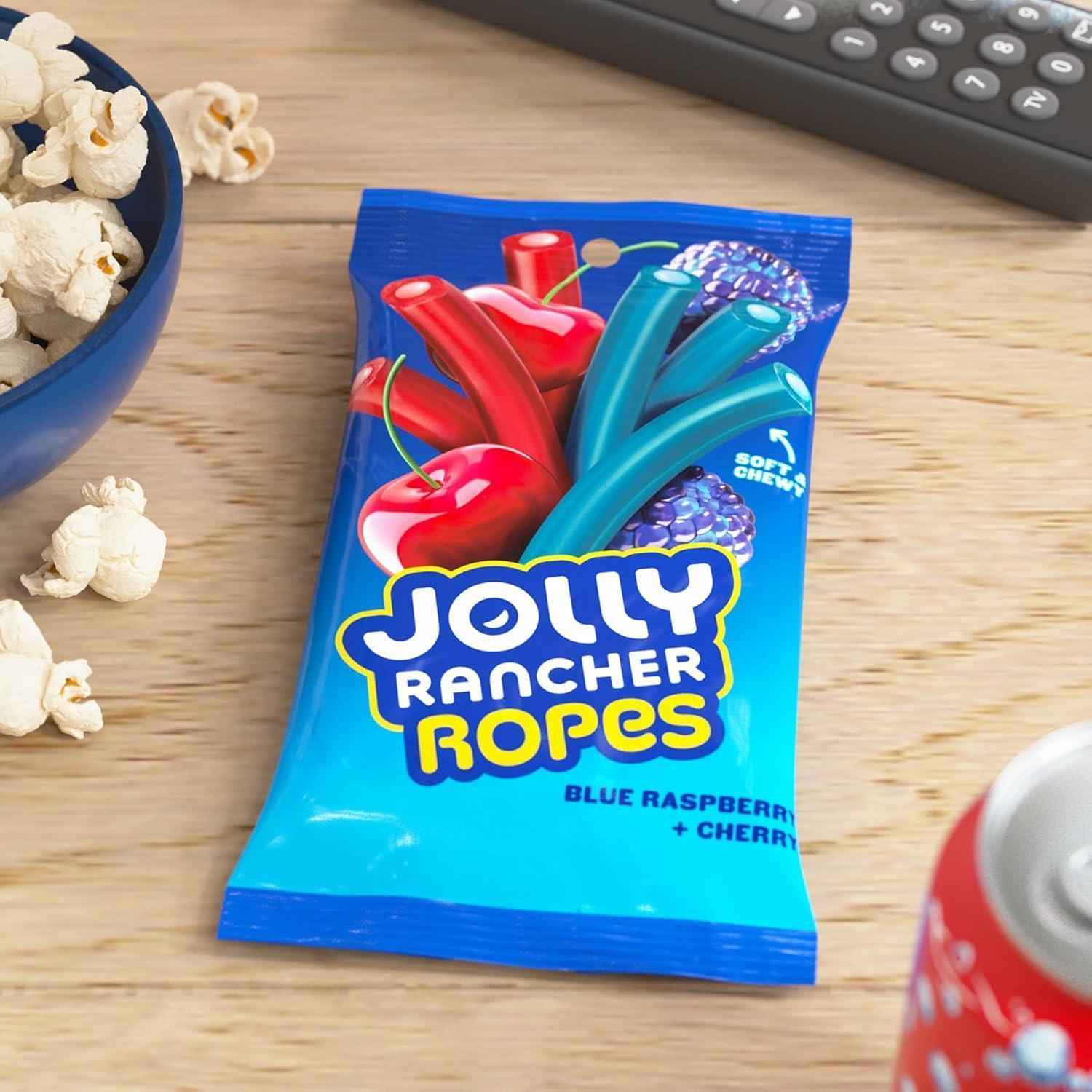 JOLLY RANCHER Ropes Blue Raspberry and Cherry Flavored Candy for Picnics and Camping, 6 oz Portable Chewy Bag