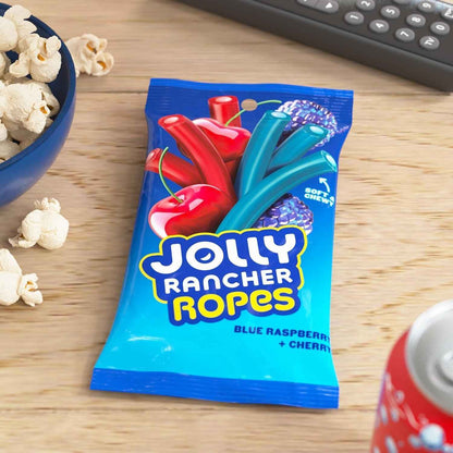 JOLLY RANCHER Ropes Blue Raspberry and Cherry Flavored Candy for Picnics and Camping, 6 oz Portable Chewy Bag