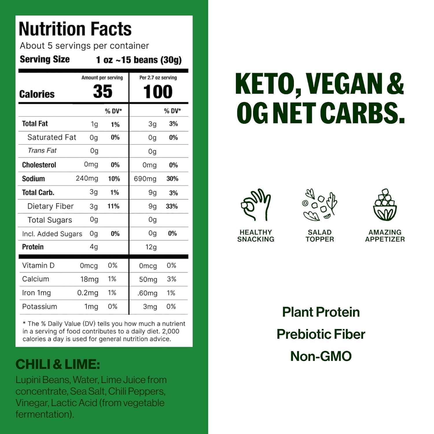 BRAMI Chili & Lime Lupini Bean Snack – Lunch Box Add-On for Plant-Based Kids and Adults, 7g Plant Protein