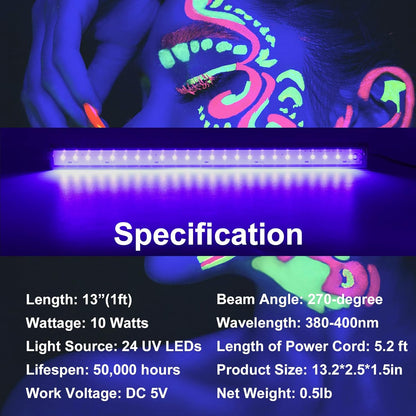 CICINY Black Light Bar – Portable Outdoor UV Light for Patio Parties, Battery Bank Powered 1FT LED