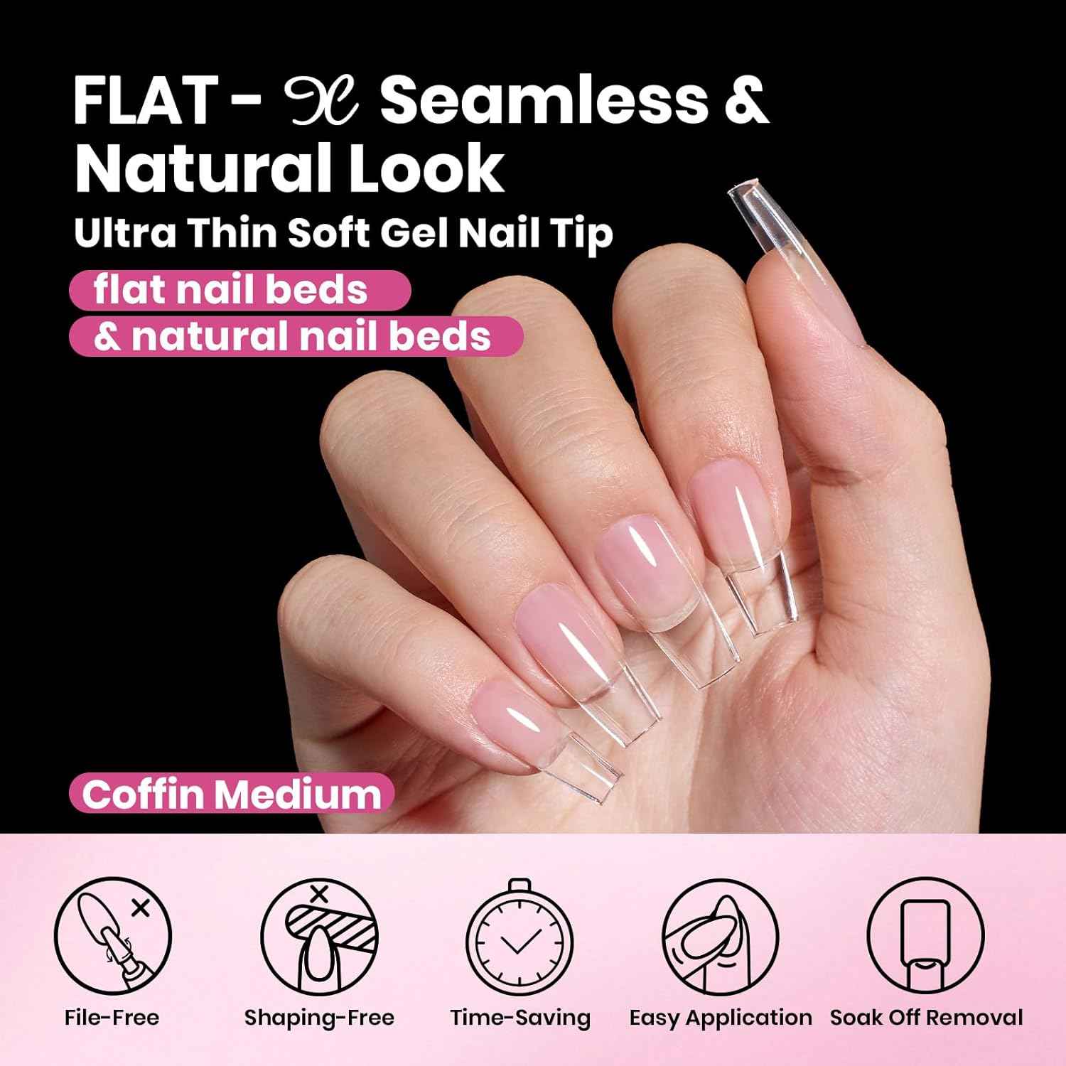 Beetles Gel Nail Tips Flat-X – Clean Coffin Press-On Nails for Intentional Beauty Routines, 16 Pre-Numbered Sizes for a Fuss-Free Custom Fit