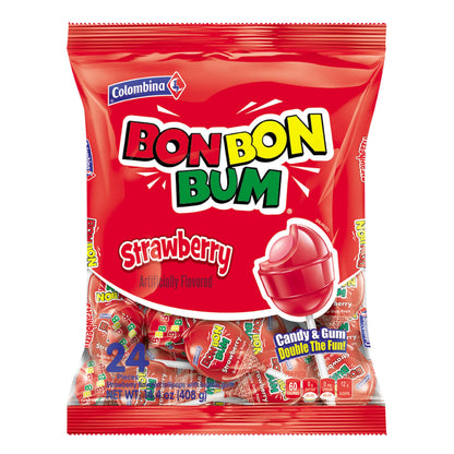Colombina Bon Bon Bum Lollipops w/Bubble Gum Center, Strawberry Flavor, Individually Wrapped, Ideal for Party Favors and Gifts, 1 Pack (24 Count)