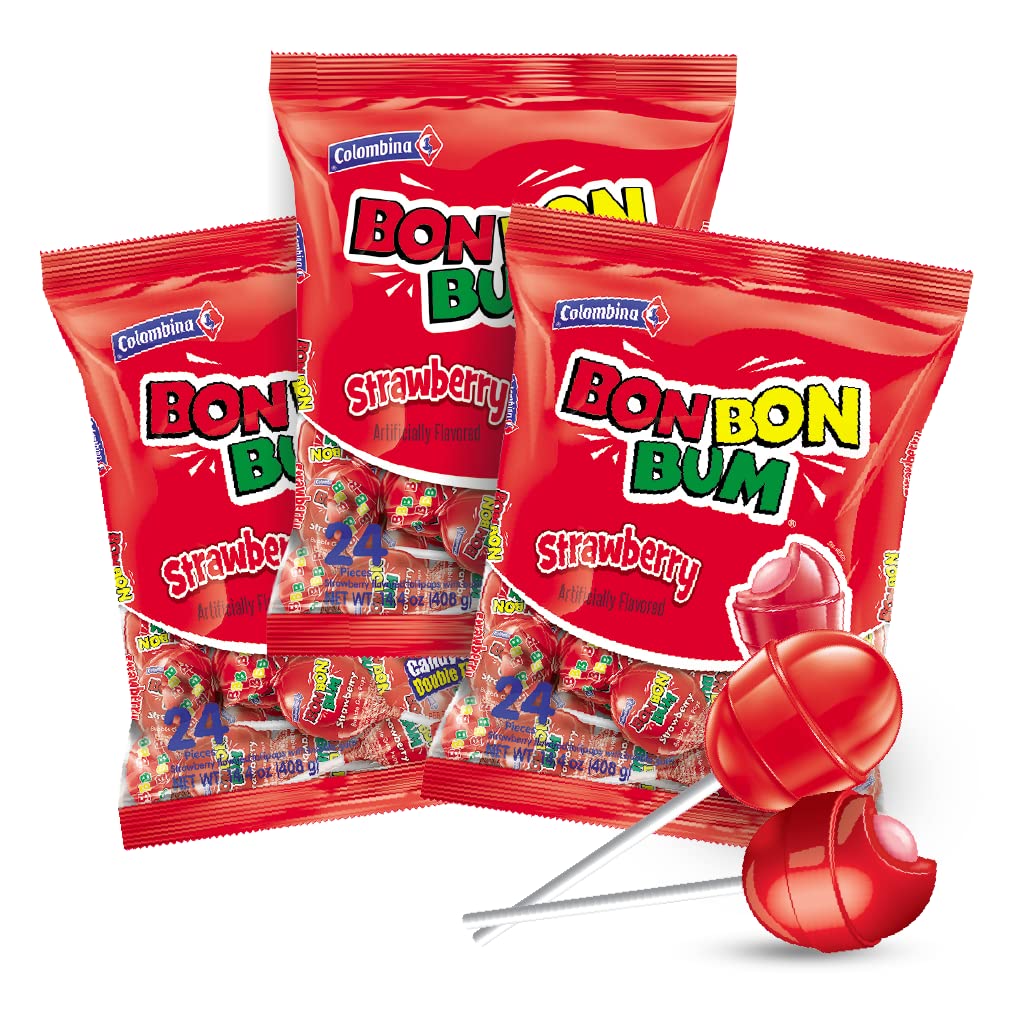 Colombina Bon Bon Bum Lollipops w/Bubble Gum Center, Strawberry Flavor, Individually Wrapped, Ideal for Party Favors and Gifts, 3 Pack (72 Count)