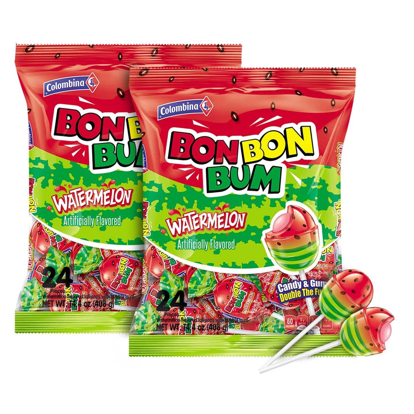 Colombina Bon Bon Bum Lollipops w/Bubble Gum Center, Watermelon Flavor, Individually Wrapped, Ideal for Party Favors and Gifts, 2 Pack (48 Count)