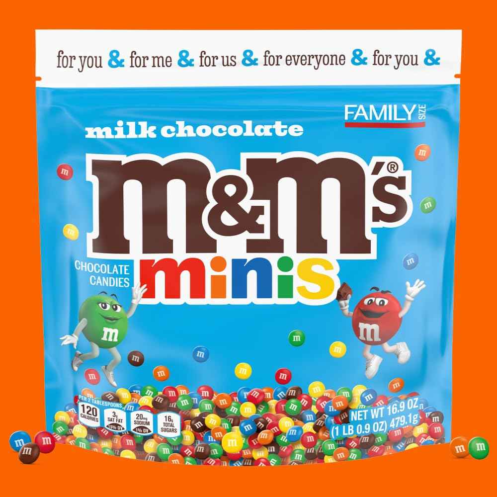 M&M'S MINIS Milk Chocolate Candy – Family Size Snack for Kids' Playroom and Pantry, 16.9 oz Resealable Bag