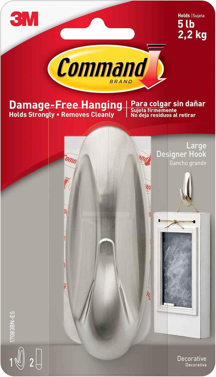 Command Large Designer Hook, Brushed Nickel – Simple Hook for Intentional Bedroom Walls and Less-Is-More Wall Decor