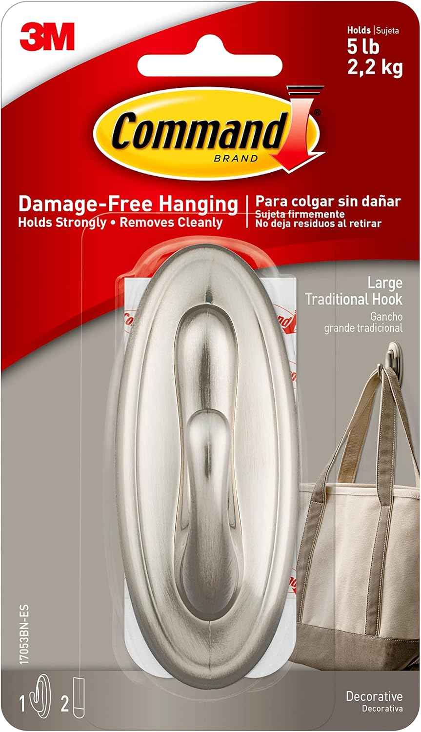 3M Command Brushed Nickel Hook – Child-Safe Backpack and Coat Hook for Nursery and Kids' Room
