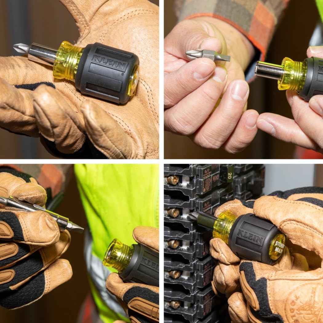 Klein Tools 32561 6-in-1 Stubby Screwdriver – One-Tool Solution for Faster Electrical Service Calls