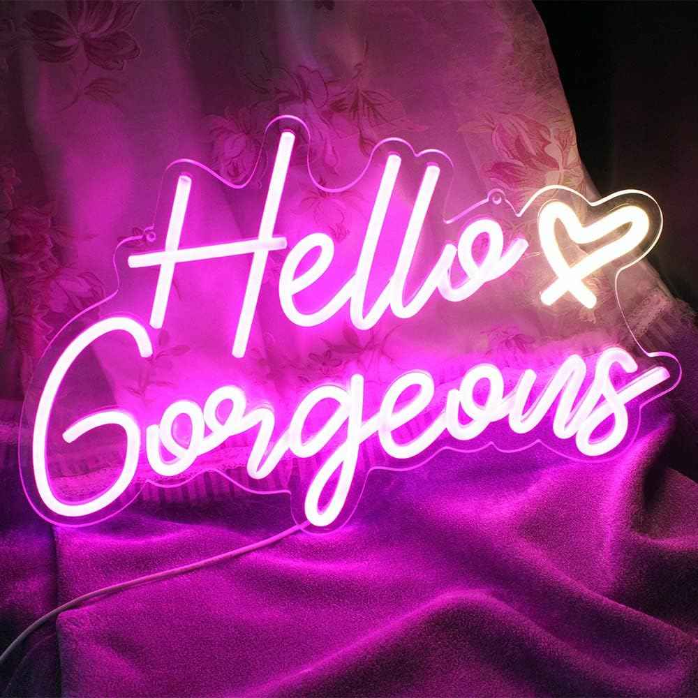 Hello Gorgeous Neon Sign – Premium Pink LED Neon Wall Art for Elevated Home Interiors, Dimmable with Timer