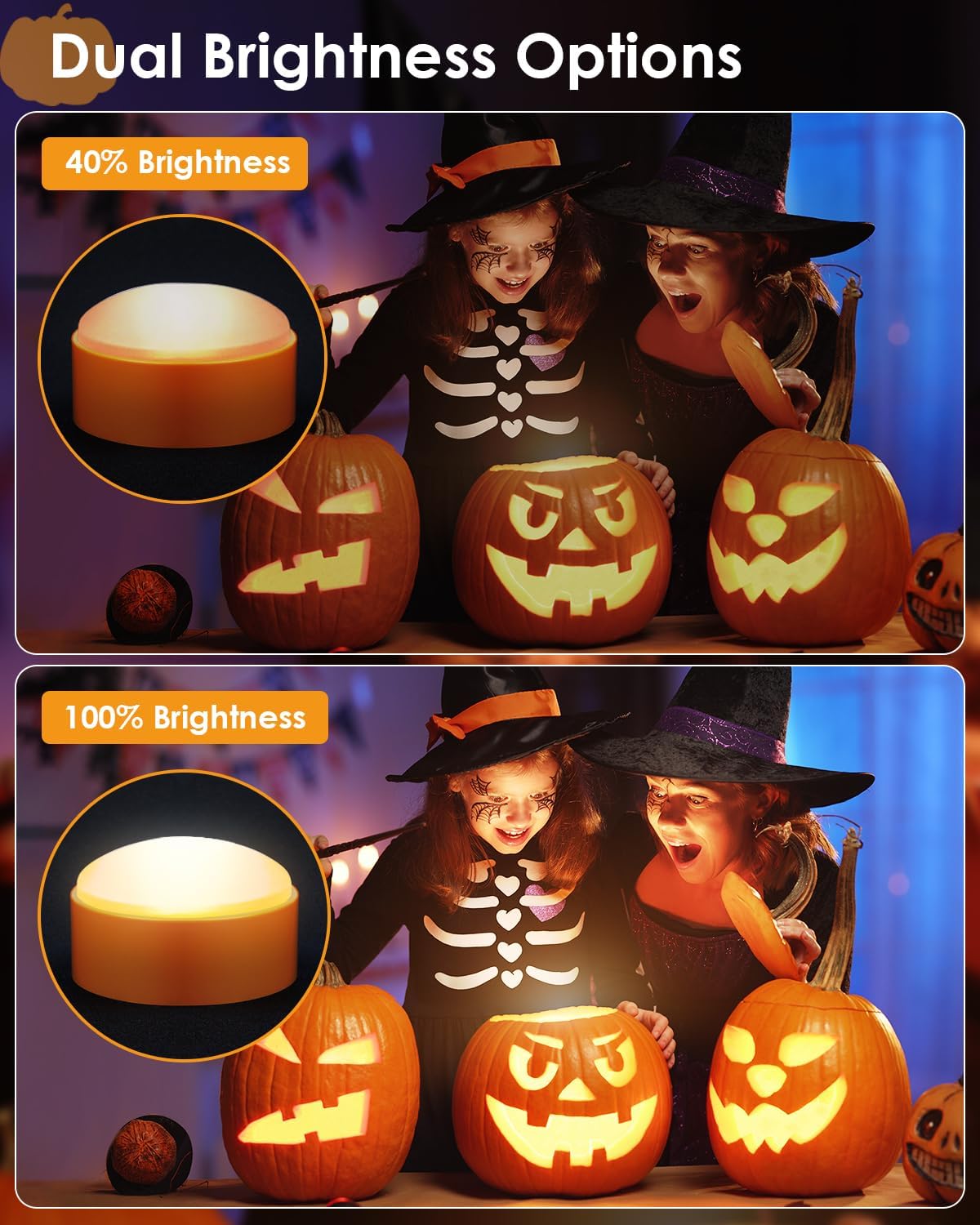 compact 2.6-inch pumpkin form factor designed to fit inside real or decorative pumpkins, glass jars, and candle holders
