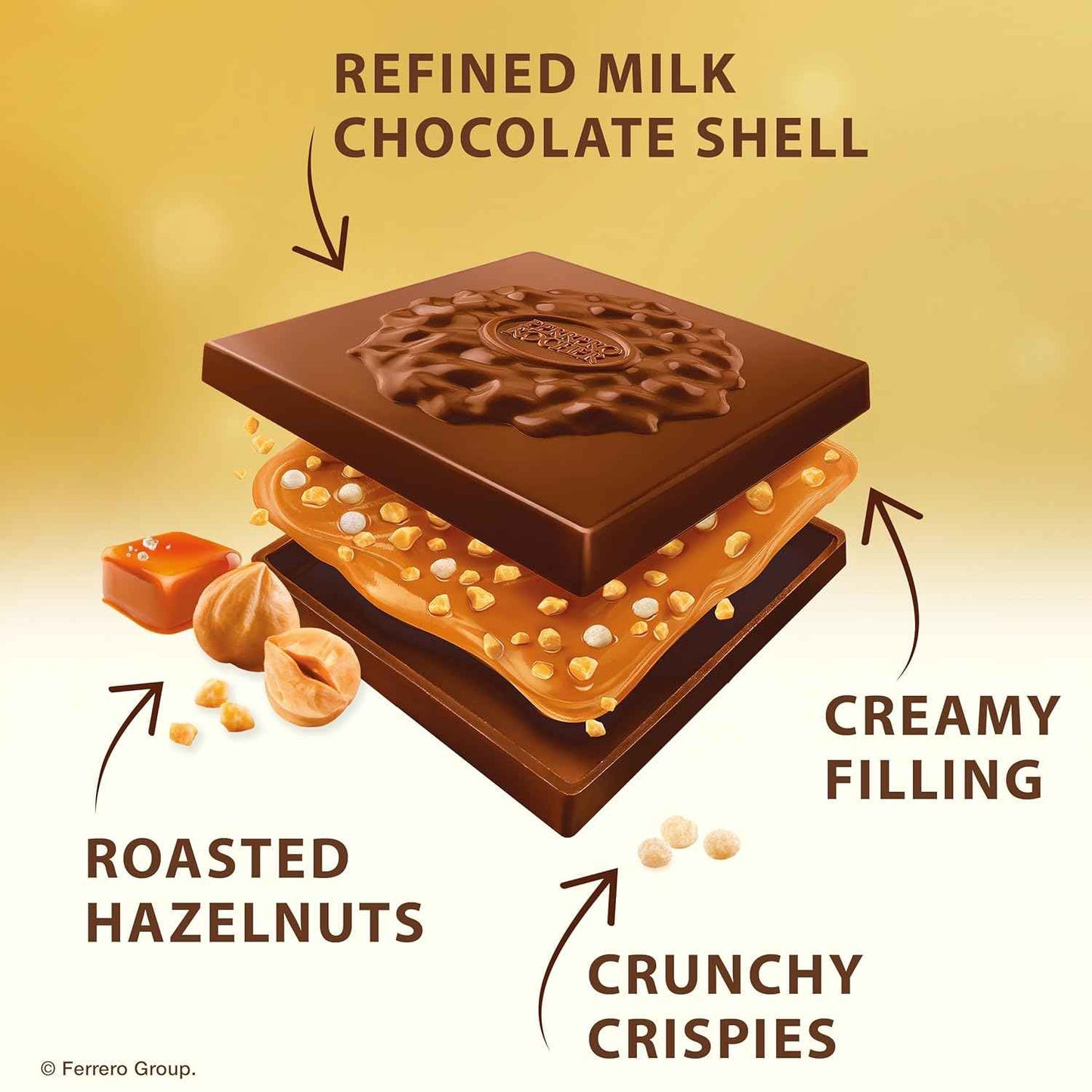 Ferrero Rocher Premium Caramel Hazelnut Chocolate Squares – Calm Wind-Down Snack for Quiet Nights and Cozy Reading Time, 3.7 oz