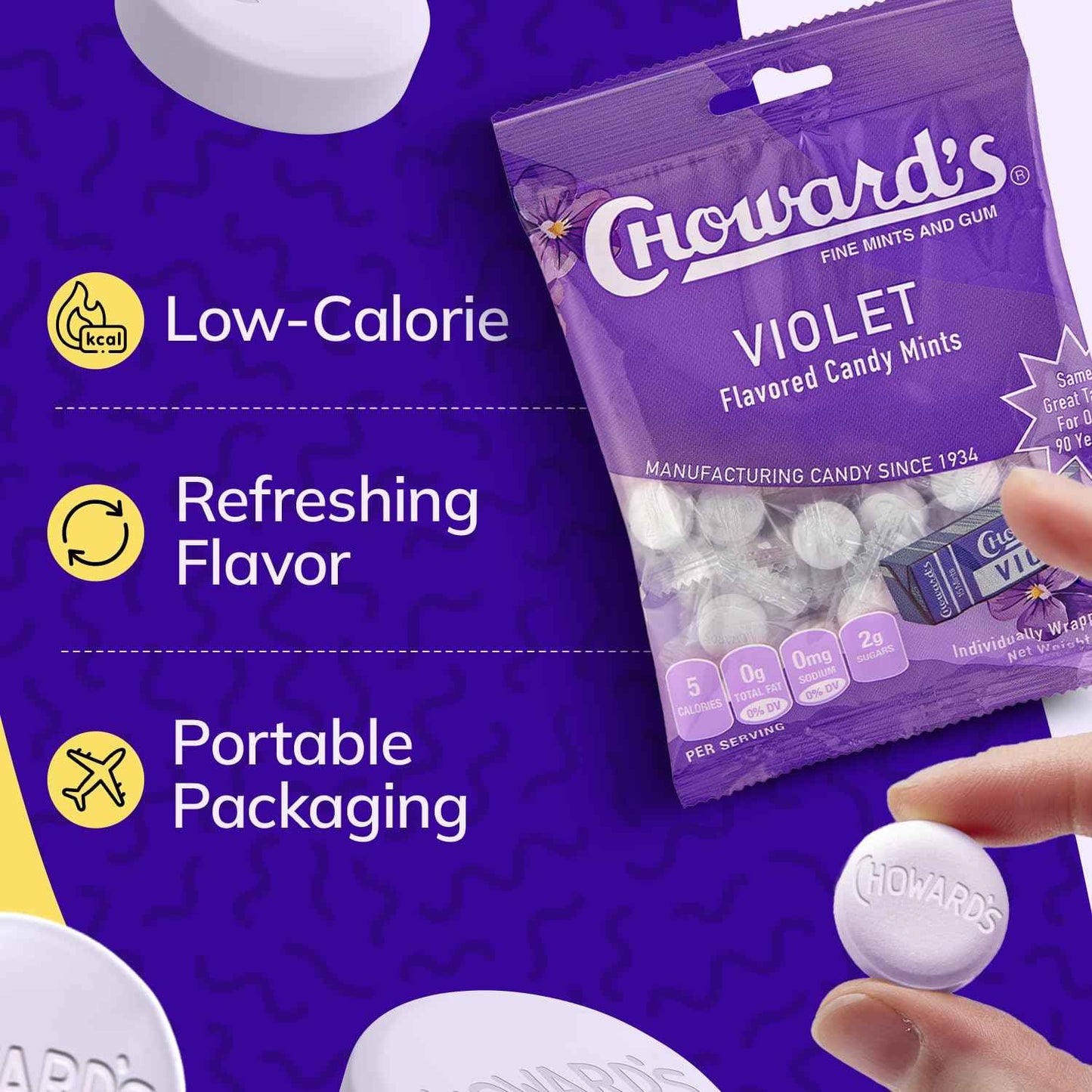 Choward's Violet Mints Candy Bag – Romantic Valentine's Day Gift for Mom, Nostalgic Floral Candy in 3-Pack